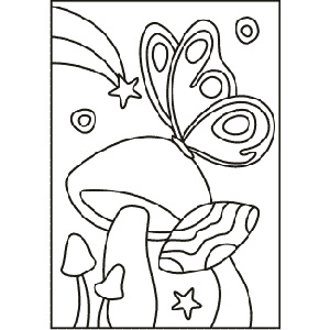 PC-12 Butterfly and Toadstools — Sand art postcard outline of a butterfly on toadstools with a shooting star