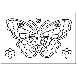 PC-3 Patterned Butterfly — Sand art postcard outline of a patterned butterfly flanked by two flowers