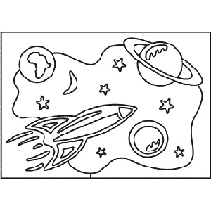 PC-28 Rocket in Space — Sand art postcard outline of a rocket flying past planets, stars and a crescent moon