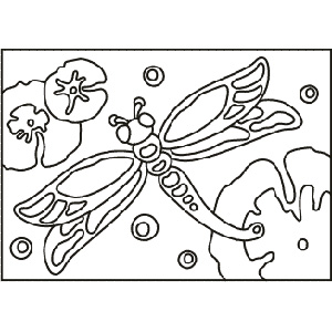 PC-53 Dragonfly and Blossoms — Sand art postcard outline of a dragonfly among flowers and bubbles
