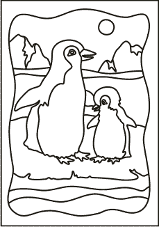 PC-66 Penguin Family — Sand art postcard outline of an adult penguin and chick in an Antarctic landscape
