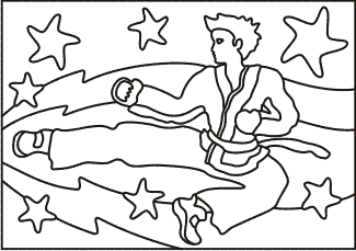 PC-61 Martial Arts Star — Sand art postcard outline of a martial artist performing a high kick among stars