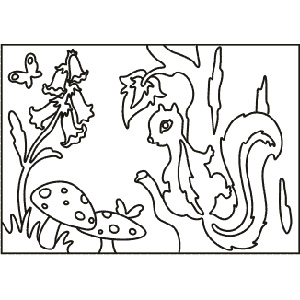 PC-41 Squirrel and Toadstools — Sand art postcard outline of a squirrel among toadstools, foxgloves and a butterfly