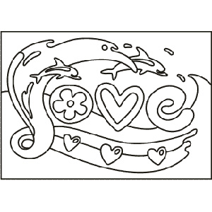PC-58 Dolphins and Love — Sand art postcard outline of dolphins above the word love with hearts and swirls