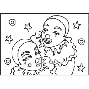 PC-39 Two Clowns — Sand art postcard outline of two ruffled clown faces surrounded by stars