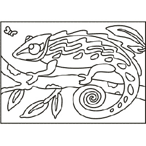 PC-52 Chameleon on a Branch — Sand art postcard outline of a chameleon with a curled tail on a leafy branch