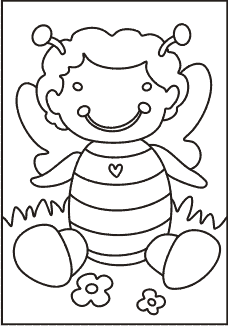 PC-63 Sitting Bumblebee — Sand art postcard outline of a smiling bumblebee sitting among small flowers