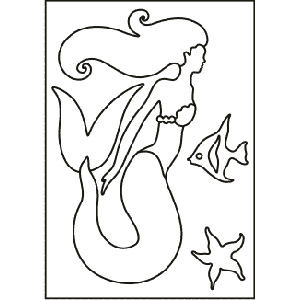 PC-11 Mermaid and Fish — Sand art postcard outline of a long-haired mermaid with a fish and starfish