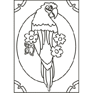 PC-25 Parrot and Flowers — Sand art postcard outline of a parrot perched among flowers inside an oval frame