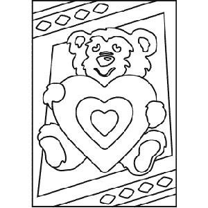 PC-26 Teddy with Heart — Sand art postcard outline of a teddy bear holding a large heart in a patterned frame