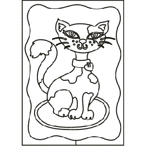 PC-37 Sitting Cat — Sand art postcard outline of a whiskered cat with a collar bell sitting on a mat