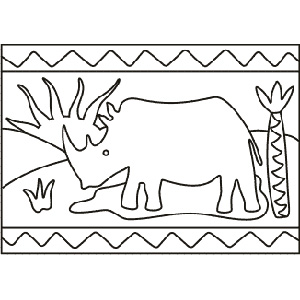 PC-1 Rhino on the Savannah — Sand art postcard outline of a rhino beside a palm tree with zigzag borders