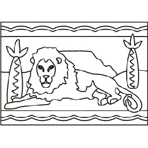 PC-5 Resting Lion — Sand art postcard outline of a lion resting between two palm trees