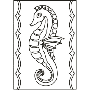 PC-21 Curled Seahorse — Sand art postcard outline of a seahorse with a curled tail between wavy borders