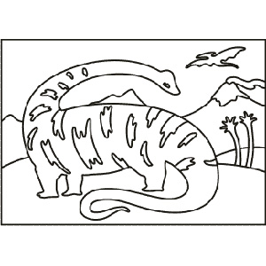 PC-45 Dinosaur Landscape — Sand art postcard outline of a long-necked dinosaur with a pterosaur and volcano