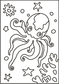 PC-68 Underwater Octopus — Sand art postcard outline of an octopus swimming among starfish, coral and bubbles