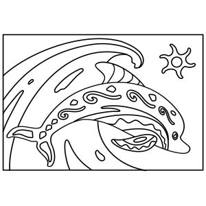 PC-18 Patterned Dolphin — Sand art postcard outline of a patterned dolphin leaping from a wave beside a sun
