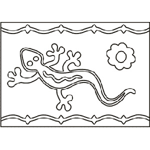 PC-13 Gecko and Flower — Sand art postcard outline of a gecko beside a flower with patterned borders