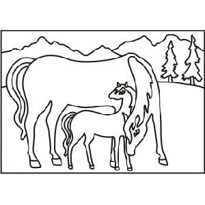 PC-38 Mare and Foal — Sand art postcard outline of a horse and foal in a mountain meadow with pine trees