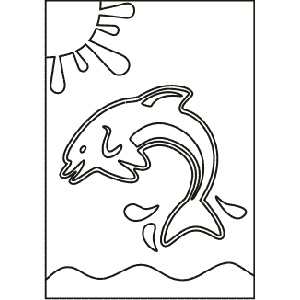 PC-10 Leaping Dolphin — Sand art postcard outline of a dolphin leaping over waves beneath a sun
