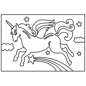 PC-16 Rainbow Unicorn — Sand art postcard outline of a winged unicorn leaping over a rainbow and stars